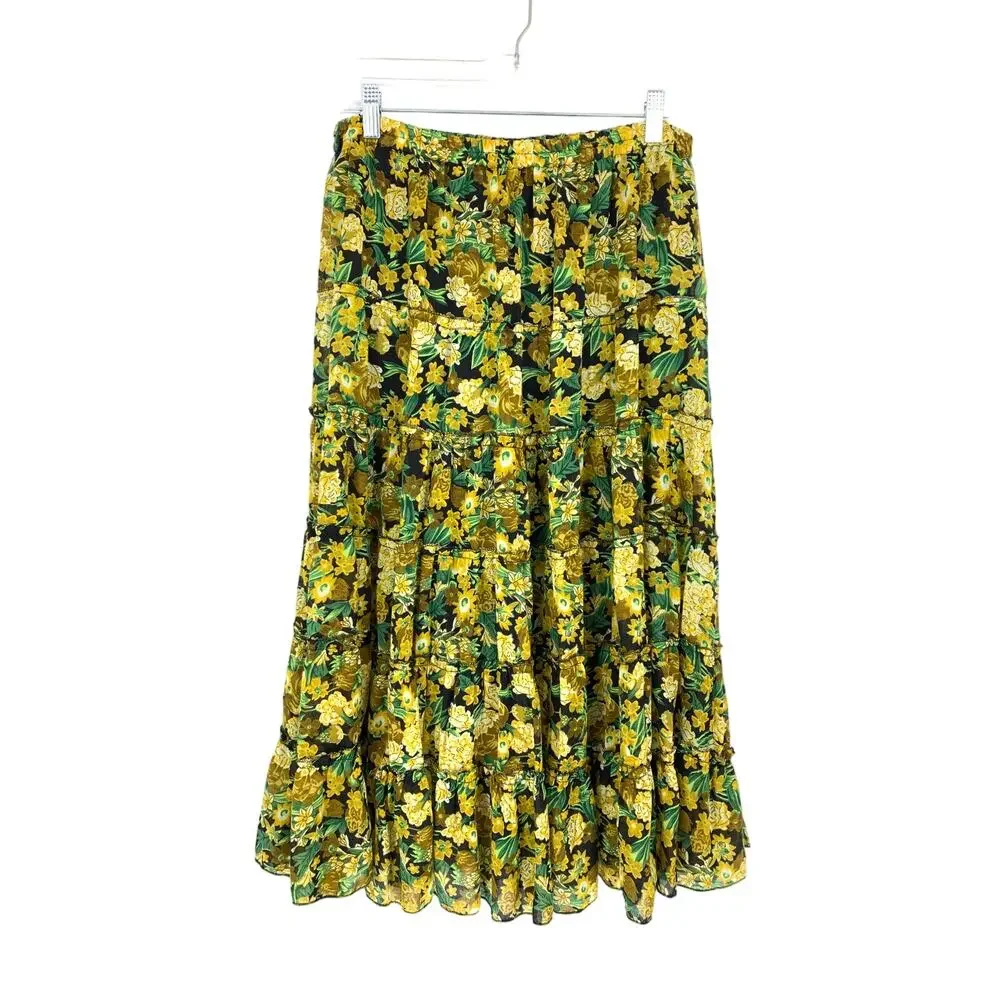 Preswick & Moore Midi Skirt Womens Sz L A-Line Tiered Yellow Floral Print Boho